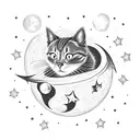 mischievous cat playing with stars with its paw on the moon tattoo design idea