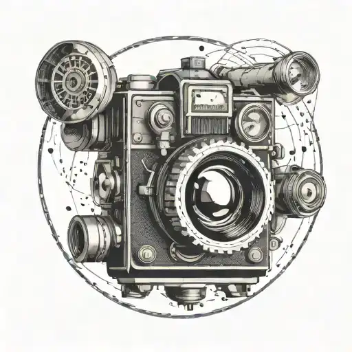 An intricate dotwork design of a classic movie camera inside a circle tattoo design idea