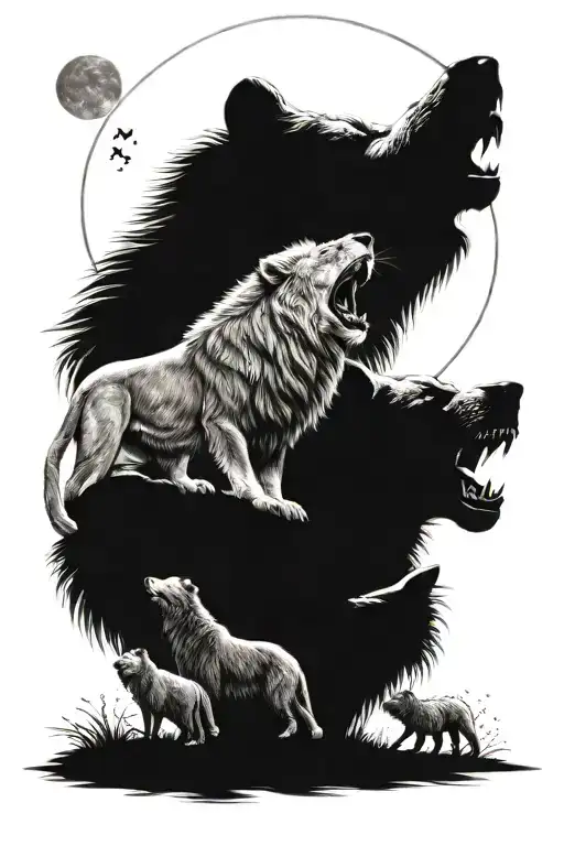 lion, bear and wolf howling at the moon tattoo design idea
