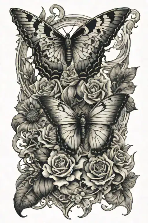 flowers butterfly moon sword piercing tattoo design idea
