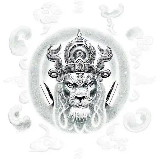 A tattoo design of the god Odin in a Chinese kimono like the Jade Emperor, with Kulkucan and a demiruge (lion-headed serpent) with various divine symbols like Nyame, Allah, and Yin and Yang, all surrounded by Japanese clouds tattoo design idea