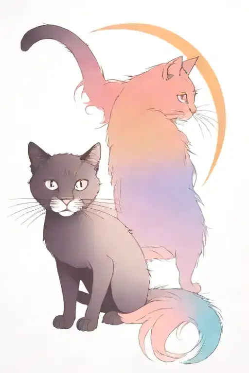 2 black cats, one like a puma and the other one smaller with long hair and fluffy tail, sunset, beach  tattoo design idea