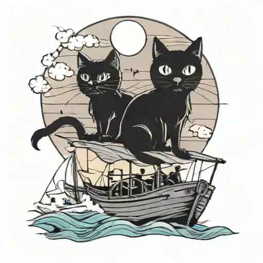 An artistic interpretation of a black cat and fluffy-tailed cat sailing on a boat towards a setting sun on the sea tattoo design idea