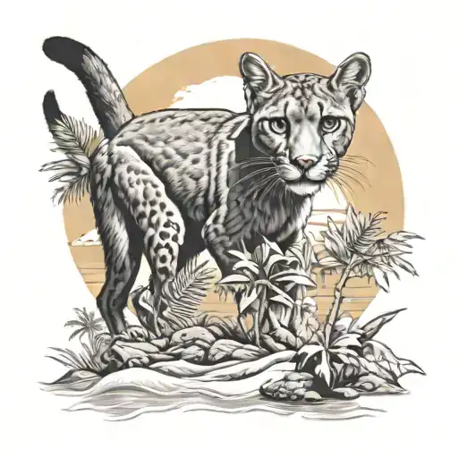 A realistic portrait of a black puma and a fluffy-tailed cat exploring a tropical beach together under the setting sun tattoo design idea