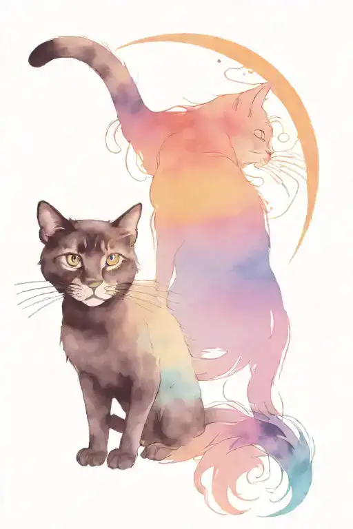 2 black cats, one like a puma and the other one smaller with long hair and fluffy tail, sunset, beach  tattoo design idea