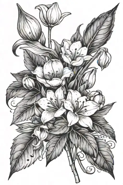 a bouquet including two snow drops, two lily of the valleys, one poppy, one  cosmo, one holly berry tattoo design idea