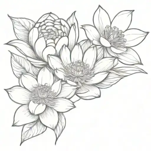 Daisy, water lily and peony flowers wrapped tattoo design idea