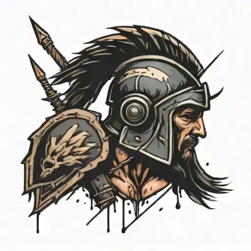 old wounded spartan soldier with shield. rain of arrows dropping on him tattoo design idea