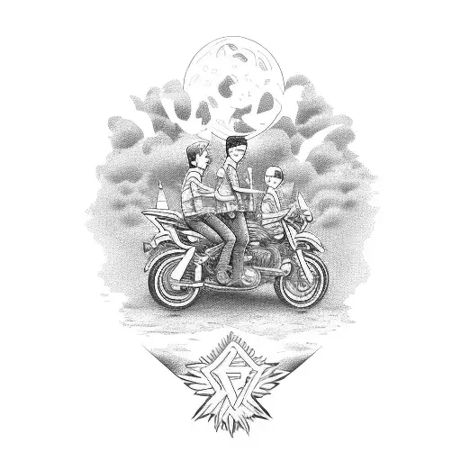 a family of four with two boys on a motorcycle and the younger is sitting in the front on the petrol tank of the motorcy tattoo design idea