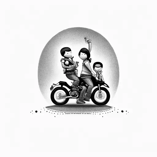 a family of four with two boys on a motorcycle and the younger is sitting in the front on the petrol tank of the motor tattoo design idea