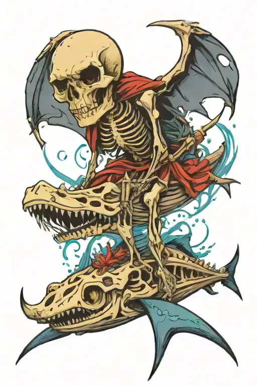 skeleton standing on a manta ray pulling its reins underwater tattoo design idea