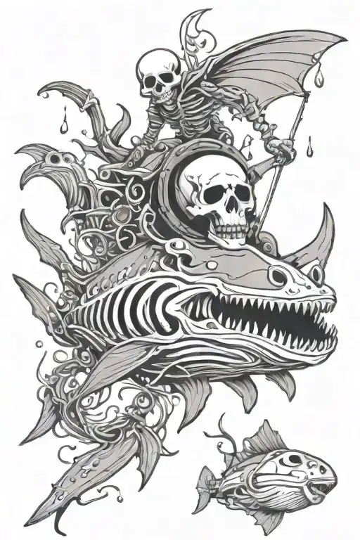 skeleton standing on a living manta ray pulling its reins underwater tattoo design idea