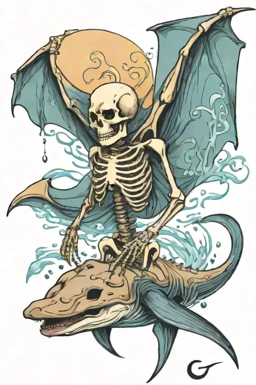 skeleton standing on a manta ray pulling its reins underwater tattoo design idea