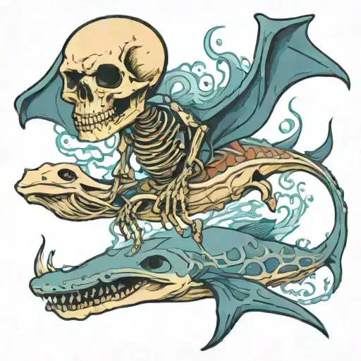 skeleton standing on a manta ray pulling its reins underwater tattoo design idea