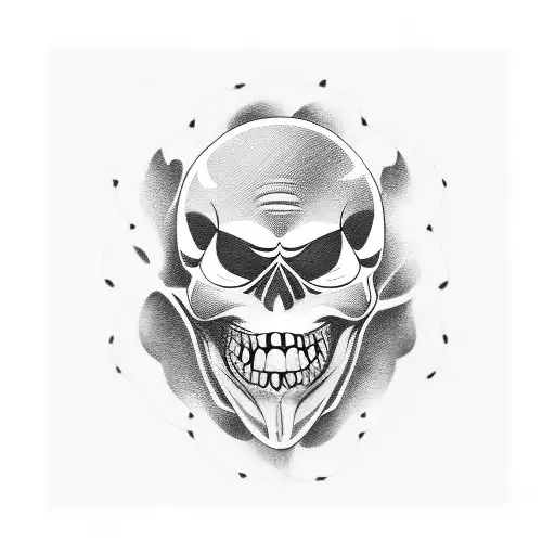 A tattoo of a mysterious girl with a joker smile holding a skull in a surreal setting tattoo design idea