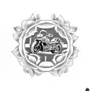 A realistic blackwork tattoo of a Yamaha R1 motorcycle surrounded by roses and music notes tattoo design idea