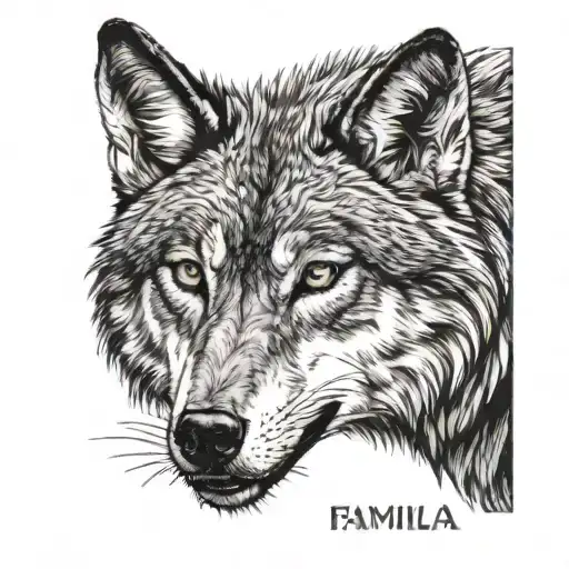 Grey wolf head with top phrase : Familia Supra Omnia, bottom phrase : Amat Victoria Curam tattoo design idea