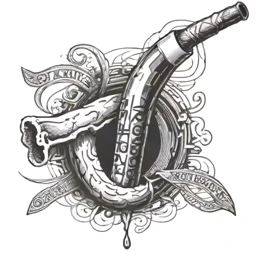 tattoo on the neck of a cigarette with motivation written inside it, and a cardiogram drawn underneath it, the tattoo is vertical, black. tattoo design idea