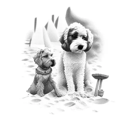 A beach scene with your daughters building sandcastles and a dog playing nearby tattoo design idea