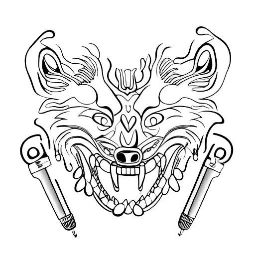 A dental tool shaped like a wolf with musical notes as teeth tattoo design idea