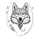 A dental tool shaped like a wolf with musical notes as teeth tattoo design idea