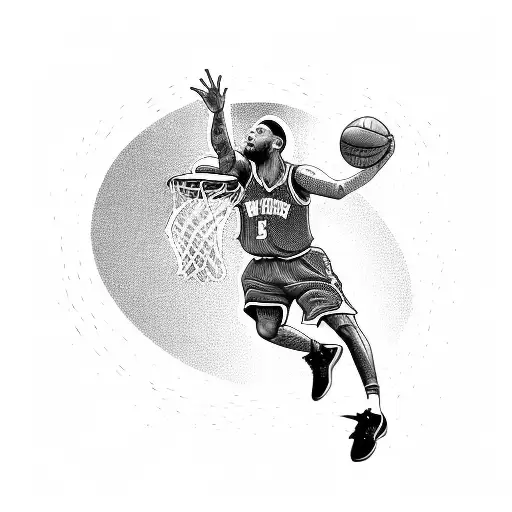 A dynamic illustration of a basketball player in mid-air, going for a slam dunk tattoo design idea