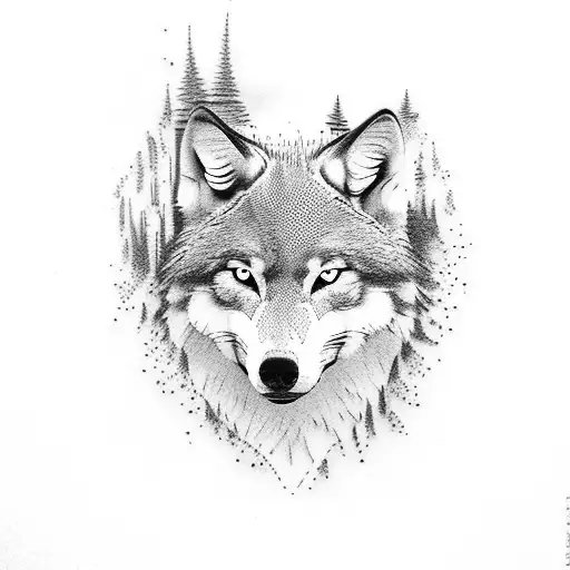 Design a captivating dotwork tattoo featuring a majestic wolf within a serene woodland setting. The tattoo will be place tattoo design idea