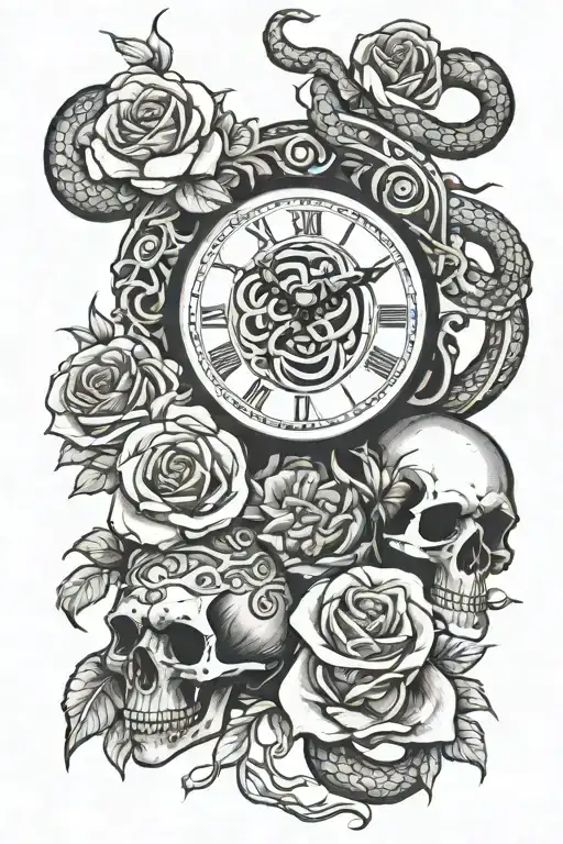 clock and snake and skull with roses tattoo design idea