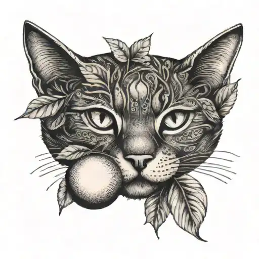 cat and peach leaves tattoo design idea