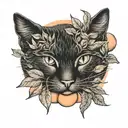 cat and peach leaves tattoo design idea