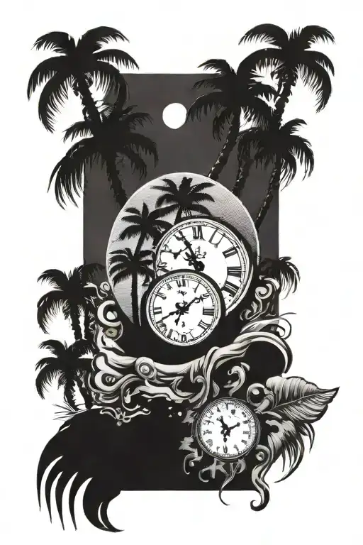 palm trees, sea, sun, clock and family holding hands tattoo design idea
