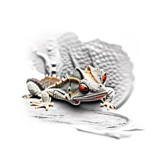 crested eyelash gecko crawling out of skull's nose hole tattoo design idea