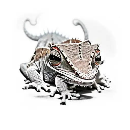 crested eyelash gecko crawling out of skull tattoo design idea