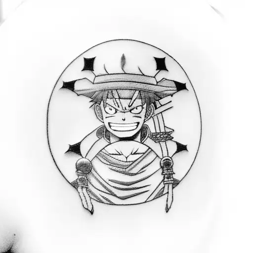 One piece Luffy's hat, Zoro's sword, Ichigos sword from Bleach, a Dragon Ball and something from Full Metal alchemist  tattoo design idea