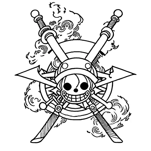 One piece Luffy's hat, Zoro's sword, Ichigos sword from Bleach, a Dragon Ball and something from Full Metal alchemist  tattoo design idea