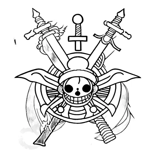 One piece Luffy's hat, Zoro's sword, Ichigos sword from Bleach, a Dragon Ball and something from Full Metal alchemist  tattoo design idea
