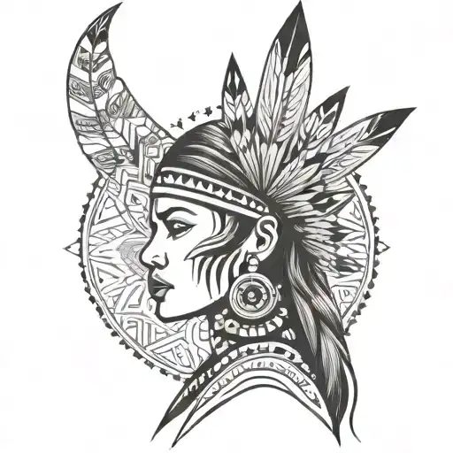 Navajo young woman with headdress and facial tattoos full arm sleeve surrounded by postmodern tribal design  tattoo design idea