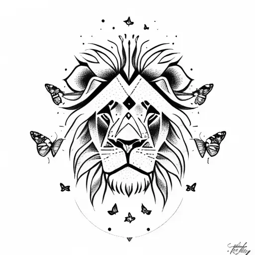 Lion king surrounded by butterflies, with the moon and anchor in the background tattoo design idea