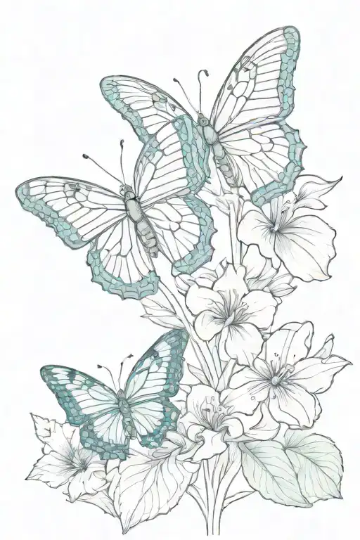 violet, iris, and primrose with teal and purple butterfly tattoo design idea