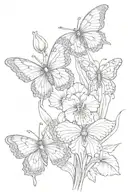 violet, iris, and primrose with teal and purple butterfly tattoo design idea