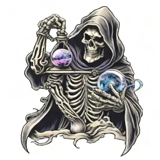 black and grey Grim Reaper with his hand stretched out holding a hourglass with purple sand  tattoo design idea