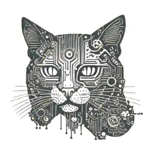 A futuristic circuit board pattern with hidden cat faces intertwined throughout tattoo design idea