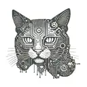 A futuristic circuit board pattern with hidden cat faces intertwined throughout tattoo design idea