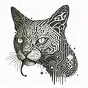 A futuristic circuit board pattern with hidden cat faces intertwined throughout tattoo design idea