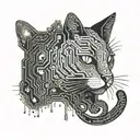 A futuristic circuit board pattern with hidden cat faces intertwined throughout tattoo design idea