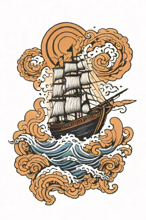 small ship sailing towards heaven gates tattoo design idea