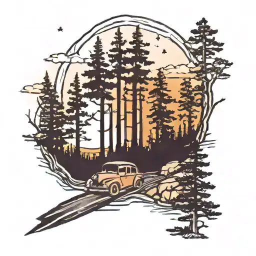 Moonlit night road through the pines tattoo design idea