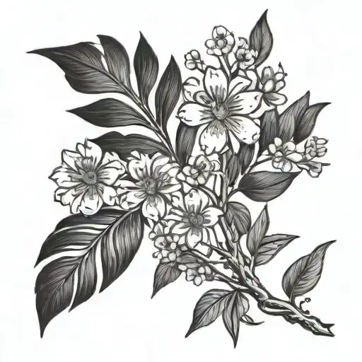 Tattoo of a branch with daughters and wild flowers, let it be sideways as it will run along the shoulder, from the neck to the middle of the arm. The stem of this ramma with flowers and leaves must say the word 'Indian' which must be seen but must be camouflaged. tattoo design idea