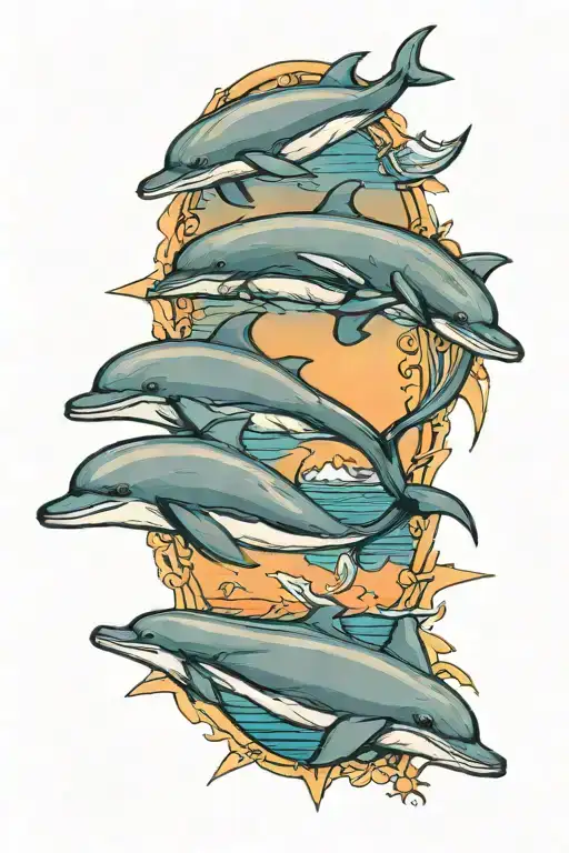 four dolphins, Chesapeake Bay Bridge background, sunset, small boat  tattoo design idea