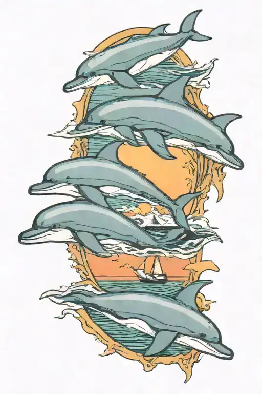 four dolphins, Chesapeake Bay Bridge in the background, sunset, small boat driving away tattoo design idea